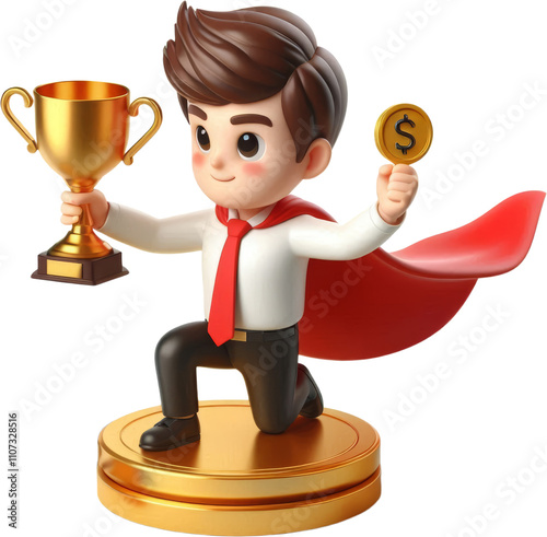 Cartoon Businessman Holding a Trophy and a Dollar Coin While Kneeling on a Golden Pedestal with a Red Cape Isolated on Transparent and White Background