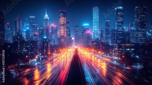 Night cityscape with vibrant lights and highway.