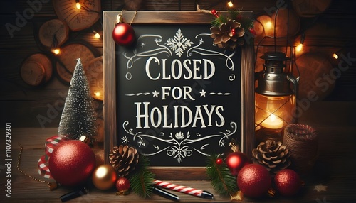 Chalkboard sign 'closed for holidays' with christmas ornaments and lights symbolizes office shutdown for christmas.