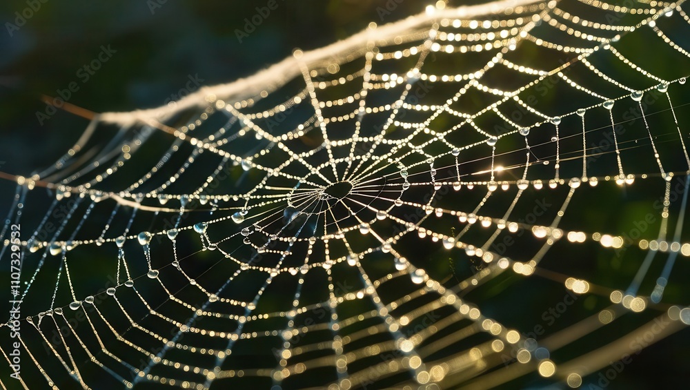 Fototapeta premium Delicate spider web adorned with glistening dew drops in natural light.