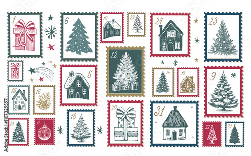 Advent calendar with house and tree on white, hand drawn illustrations.	