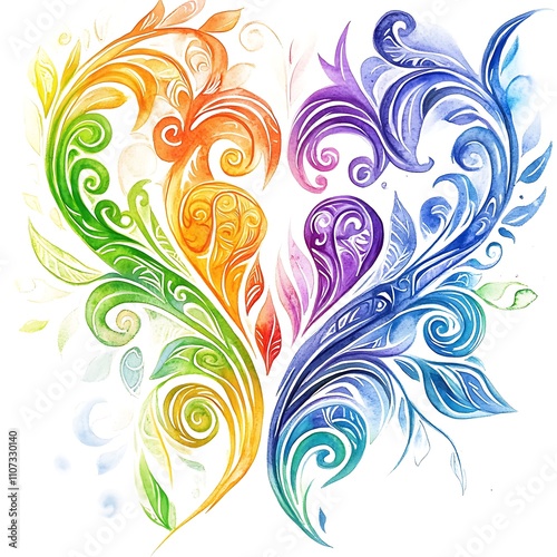 Watercolor Rainbow Heart-Shaped Floral Design.