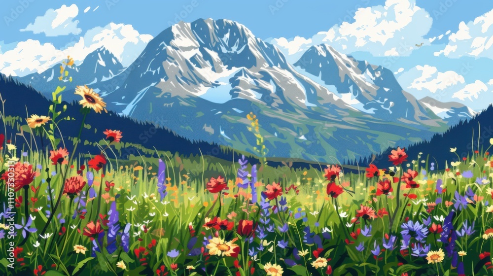 Fototapeta premium Alpine Meadow with Majestic Peaks: A vibrant meadow ablaze with wildflowers stretches towards towering snow-capped mountains under a brilliant blue sky.