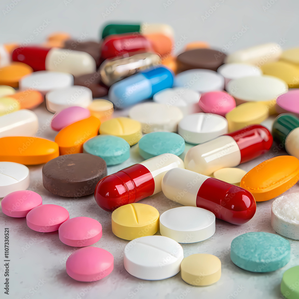 Colourful tablets, pills, capsules, all over the table Colourful tablets, pills, capsules, all over the table