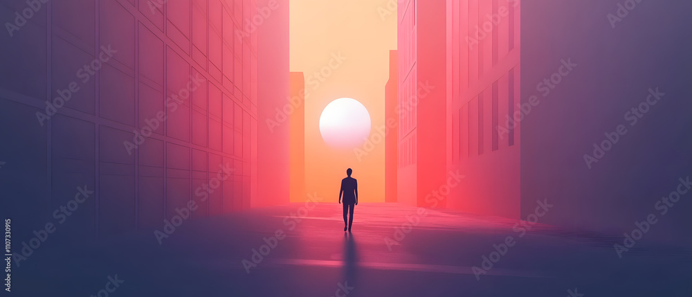 Solitary Figure Walking Towards Sunset in a Surreal Cityscape Solitary Figure Walking Towards Sunset in a Surreal Cityscape