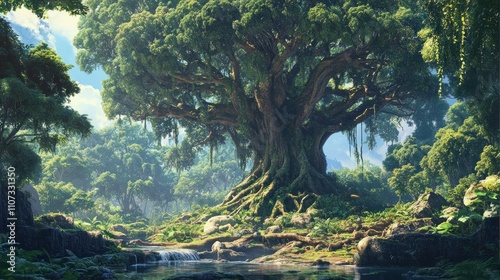 Wallpaper Mural A large tree is located in the middle of a green forest. A view of natural beauty background wallpaper AI generated image Torontodigital.ca