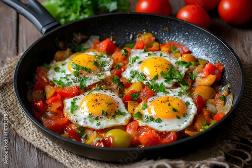 A vibrant Basque piperade of sautéed peppers, onions, and tomatoes mixed with eggs, topped with parsley and sliced ham for a rustic, hearty dish photo