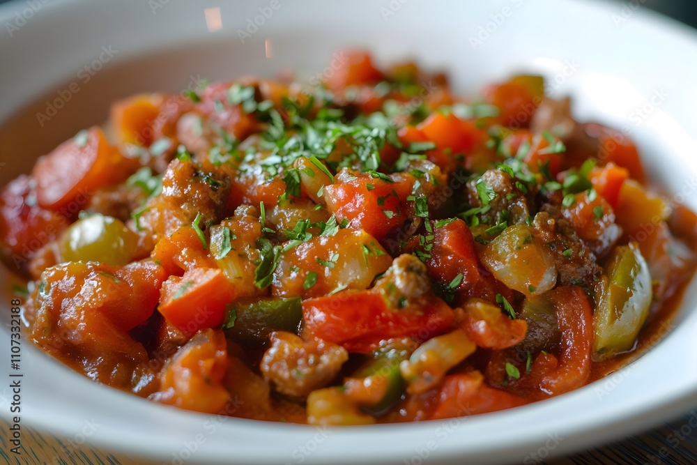 A vibrant Basque piperade of sautéed peppers, onions, and tomatoes mixed with eggs, topped with parsley and sliced ham for a rustic, hearty dish A vibrant Basque piperade of sautéed peppers, onions, and tomatoes mixed with eggs, topped with parsley and sliced ham for a rustic, hearty dish