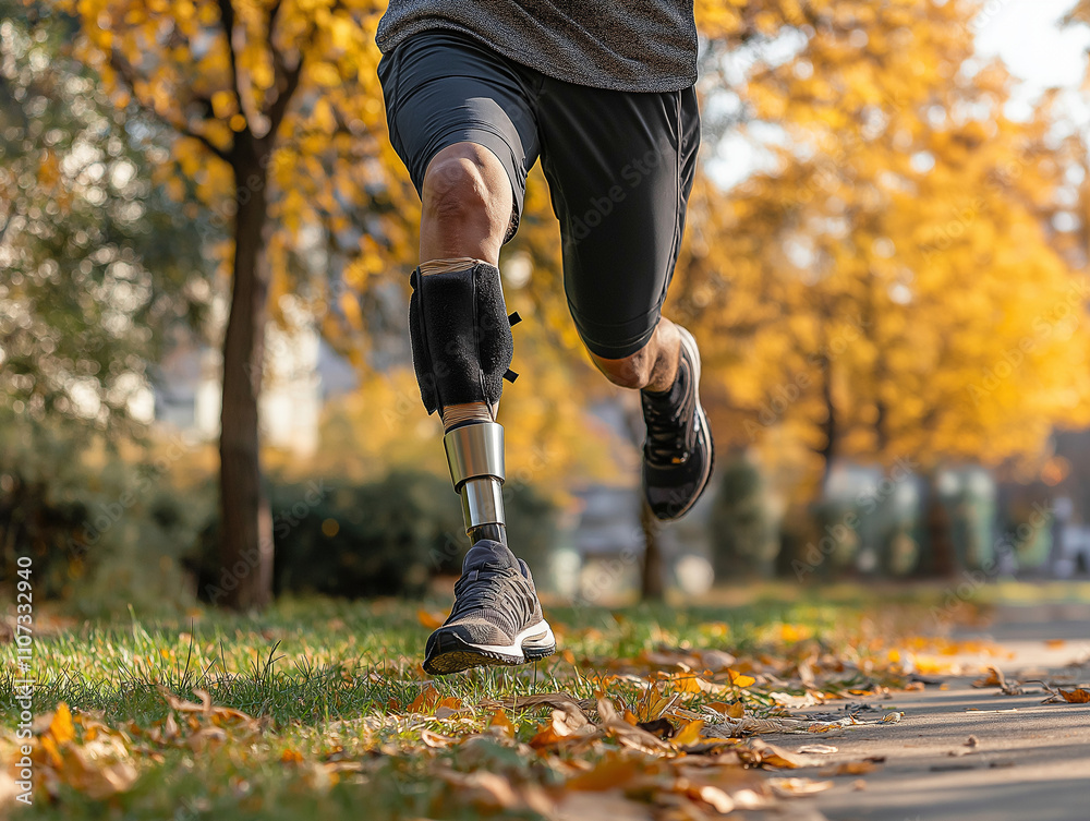 Obraz premium Osoba z protezą nogi uprawiająca jogging w parku