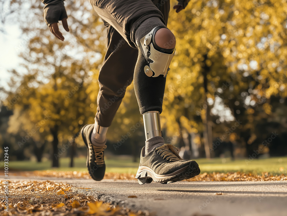 Obraz premium Osoba z protezą nogi uprawiająca jogging w parku