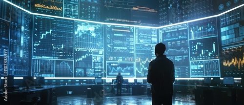 A person stands before a large display of data visualizations and analytics, showcasing a high-tech environment focused on finance or technology.