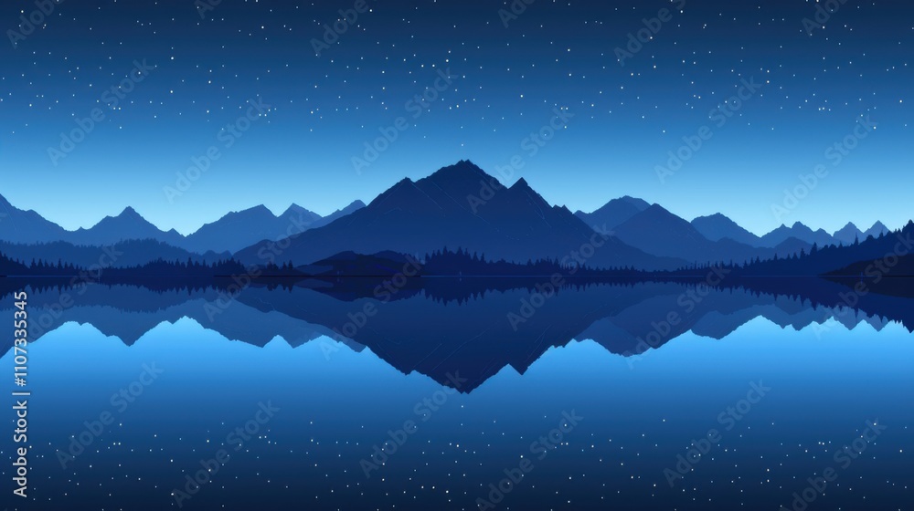 Obraz premium Serene Night Reflections: A tranquil landscape bathed in the soft glow of moonlight, where a serene lake reflects the majesty of a towering mountain range.
