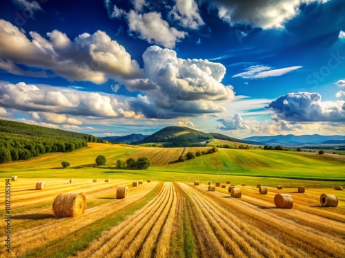 Serene Landscape of Rolling Fields with Hay Windrows Under a Clear Blue Sky, Capturing the Beauty of Agriculture and Nature in Perfect Harmony photo