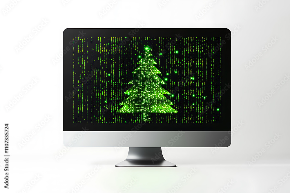 A modern holiday-themed image featuring a computer screen with a Christmas tree made of green code, set on a white minimalistic background. Perfect for tech-related campaigns and festive greetings A modern holiday-themed image featuring a computer screen with a Christmas tree made of green code, set on a white minimalistic background. Perfect for tech-related campaigns and festive greetings