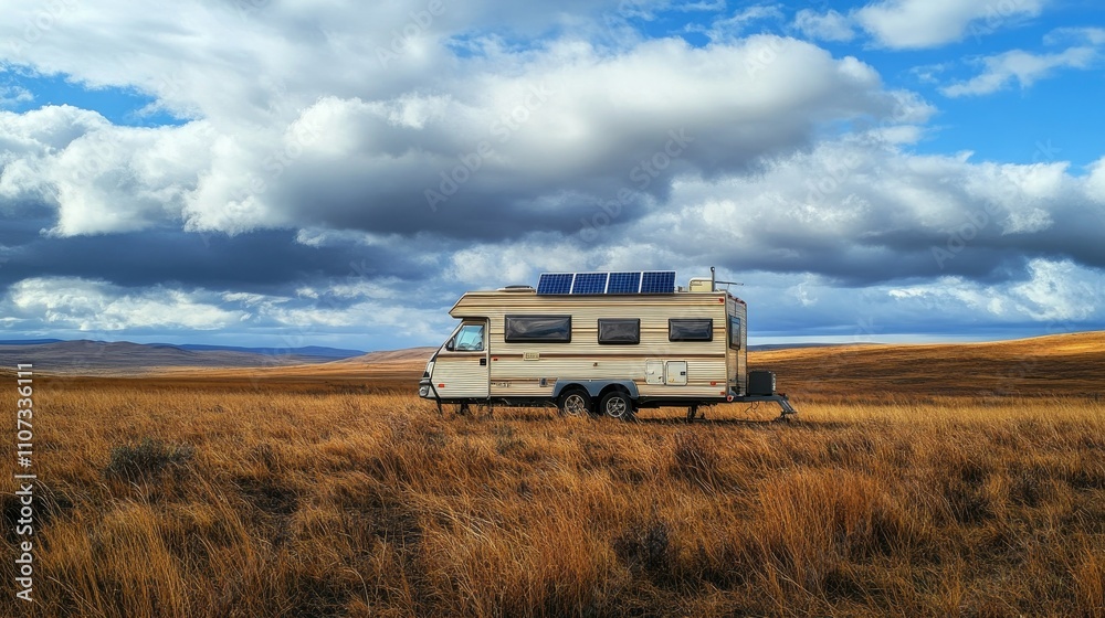 A caravan with rooftop solar panels set up in a remote location, with a dramatic cloudy sky overhead. A caravan with rooftop solar panels set up in a remote location, with a dramatic cloudy sky overhead.