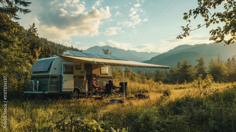 A caravan with solar panels, accompanied by an awning and camping chairs, nestled in a serene meadow. A caravan with solar panels, accompanied by an awning and camping chairs, nestled in a serene meadow.