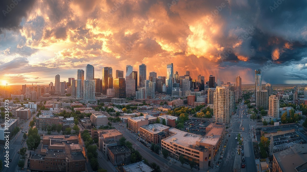 Obraz premium City skyline under an overcast sky Thick clouds reflect the faint orange light of the setting sun background wallpaper AI generated image