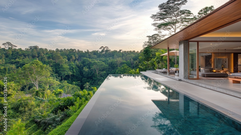 Fototapeta premium Minimalist luxury house with swimming pool overlooking a beautiful green forest background wallpaper AI generated image