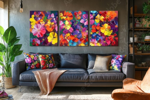 Colorful spring and summer trio of oil paintings, showcasing lively flowers photo