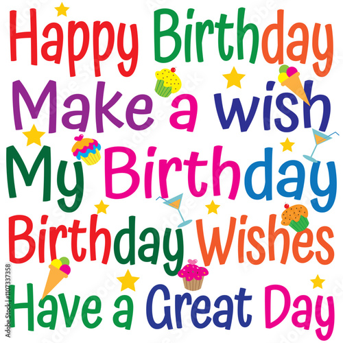 Birthday card design with colorful text and stars
