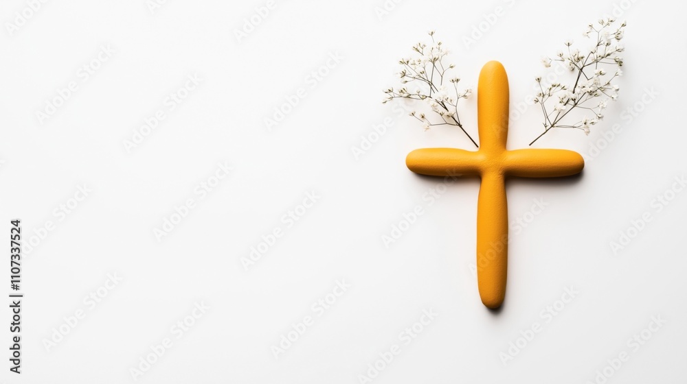 Obraz premium Yellow cross with textured surface surrounded by small white flowers on a plain white background, minimalistic religious symbol.