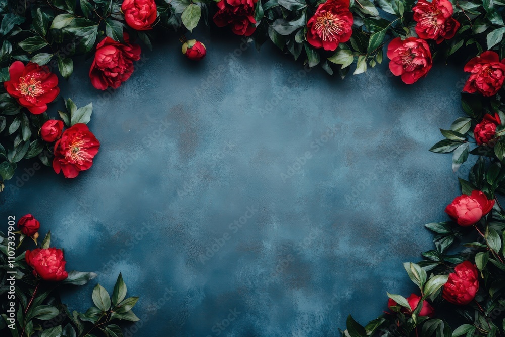 Blooming red peonies on the bush: space for text or artwork - flexible area for copy illustration Blooming red peonies on the bush: space for text or artwork - flexible area for copy illustration