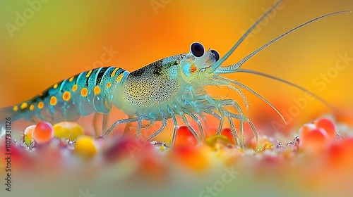 Vibrant blue and orange spotted shrimp on colorful coral. photo