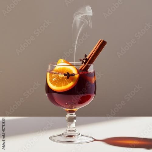 Mulled wine with orange, apple and cinnamon in glasses Ai generation
