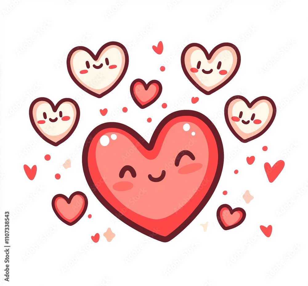 Un grande cuore al centro con un'espressione felice e sorridente con intorno diversi cuori più piccoli. Un grande cuore al centro con un'espressione felice e sorridente con intorno diversi cuori più piccoli.
