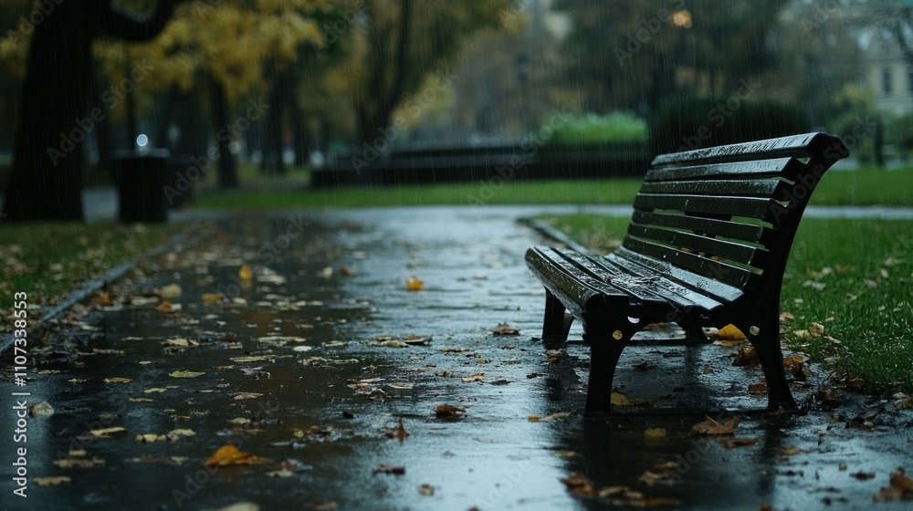 Fototapeta premium Empty wooden bench in park under steady rainfall background wallpaper AI generated image