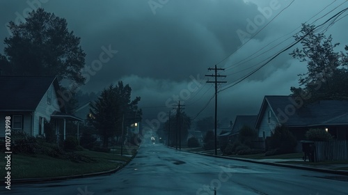 The residential neighborhood was without electricity, lit only by the dim light of a cloudy, starless sky background wallpaper AI generated image