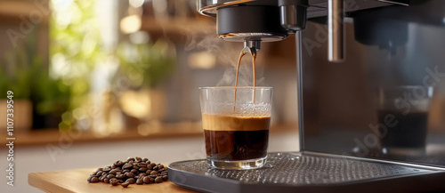 A coffee machine pours a shot of espresso into a clear glass cup.
