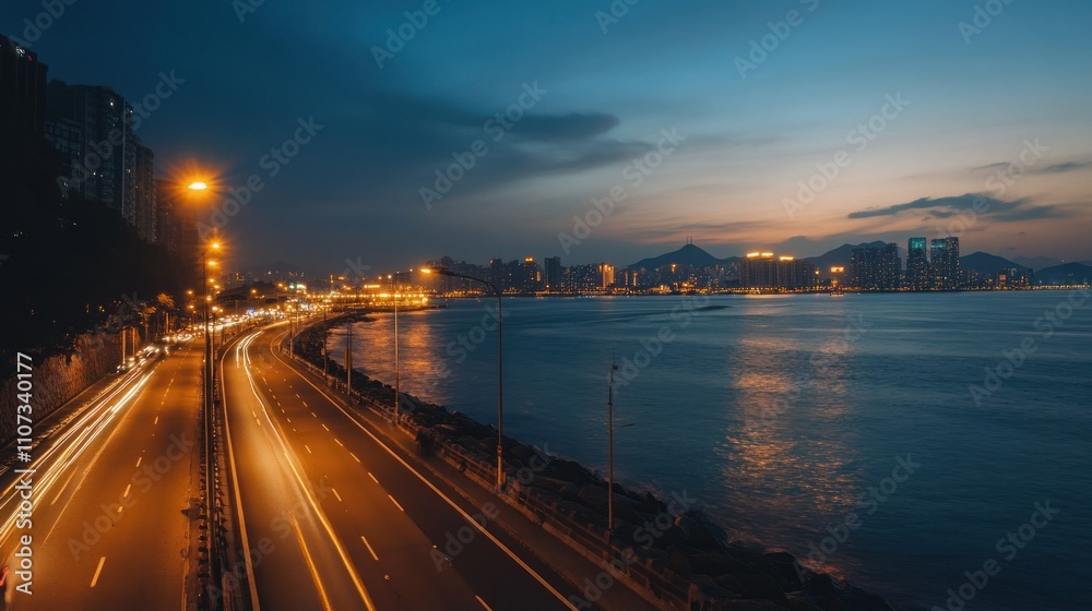 Obraz premium The road runs parallel to the sea, with street lights lining the edge of the sidewalk background wallpaper AI generated image