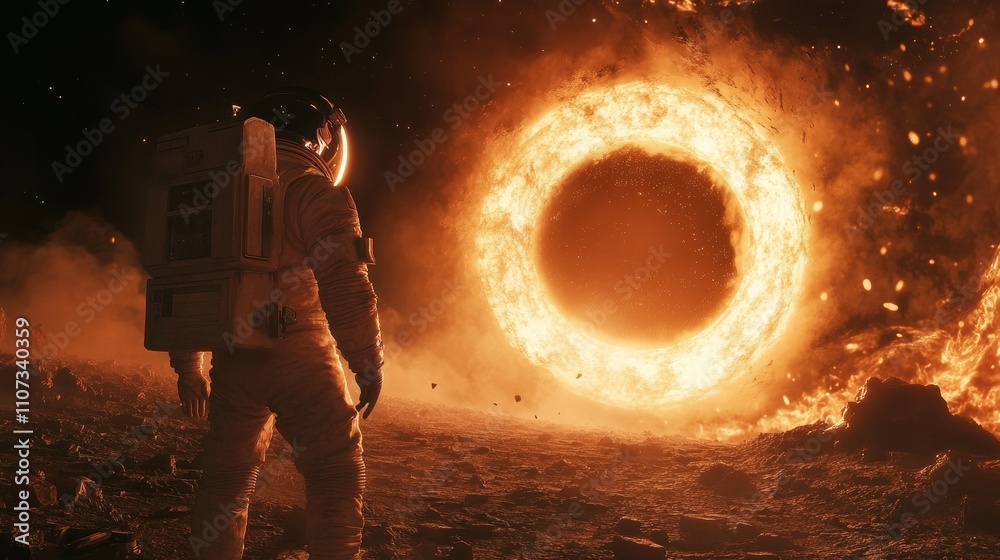 Fototapeta premium Astronaut on a planet before a glowing portal. Sci-fi exploration.