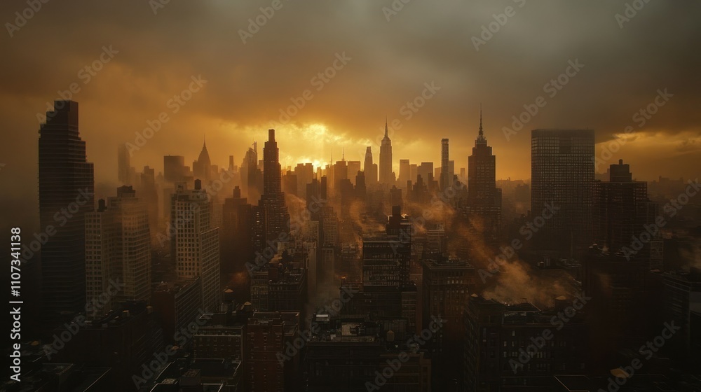 City skyline under an overcast sky Thick clouds reflect the faint orange light of the setting sun background wallpaper AI generated image