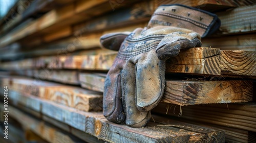 A set of durable work gloves bearing the signs of long hours of strenuous labor p on top of a stack of wooden planks.