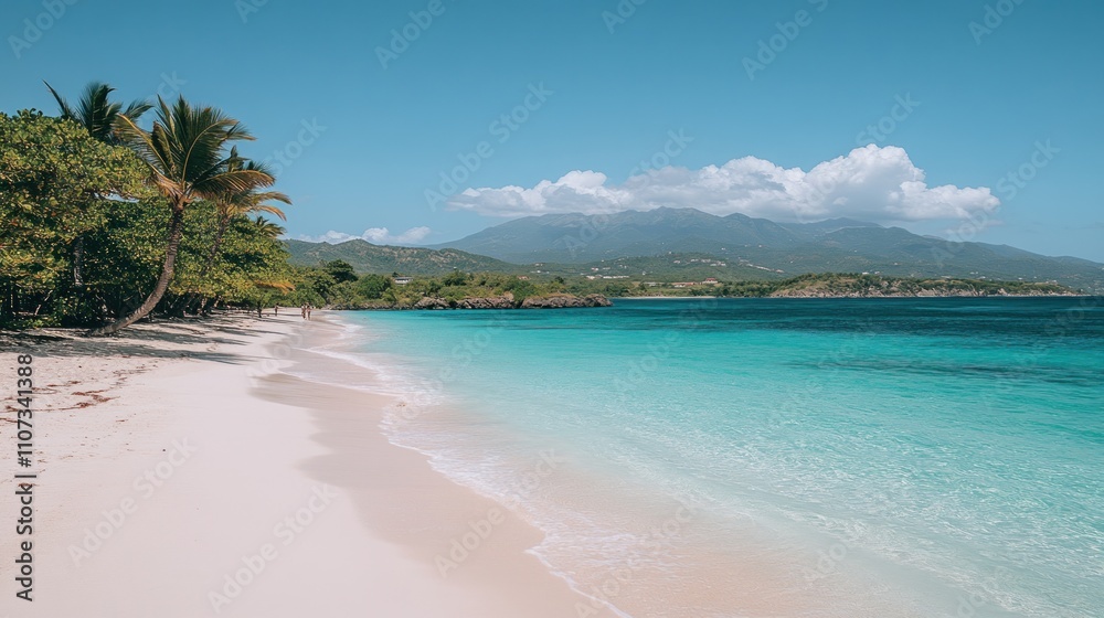 Fototapeta premium Tropical beach with white sand, crystal-clear turquoise water, palm trees, and a mountain in the distance.