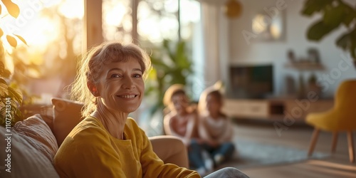 Cheerful senior woman in a yellow sweater, sitting on a couch in a bright modern living room, family in the background, sunlight streaming through windows, selective focus
