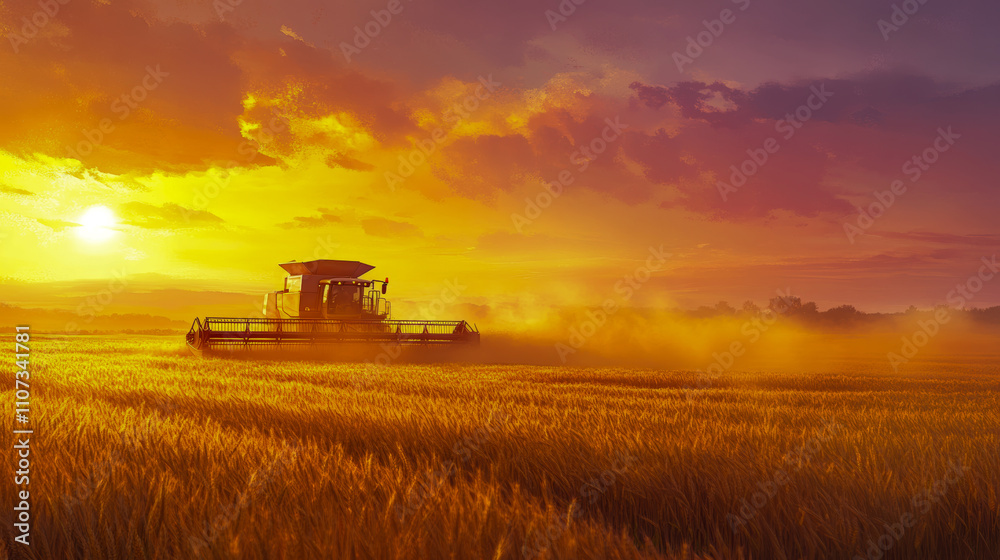 Fototapeta premium A combine harvests crops beneath a vibrant and golden sunset.