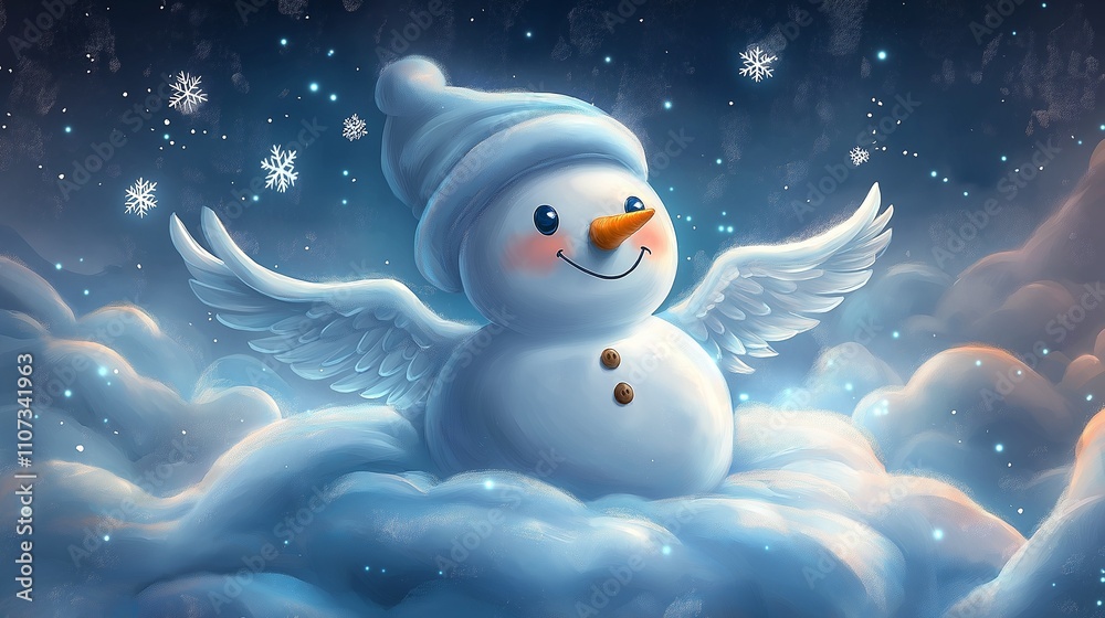 Obraz premium Snowman with angel wings, sitting on a snowy cloud, celestial cartoon style.