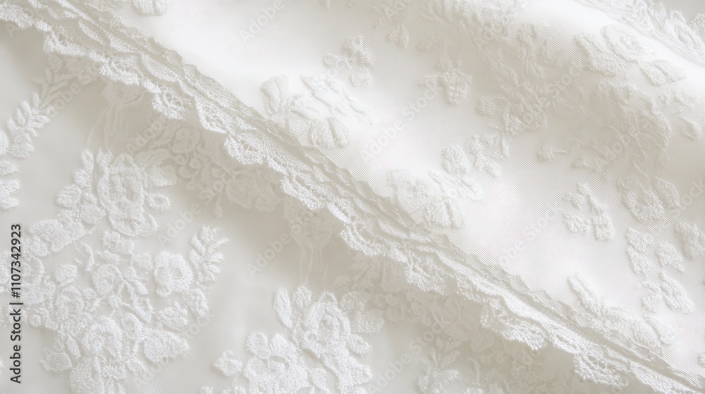 Obraz premium Delicate white lace fabric with floral embroidery.