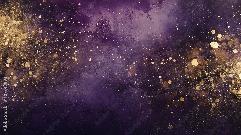 Fototapeta premium magical violet backdrop, shimmering silver specks, metallic gold particles, bronze light trails, deep purple nebula effect, crimson light bursts, celestial dust scatter, dreamy evening mood