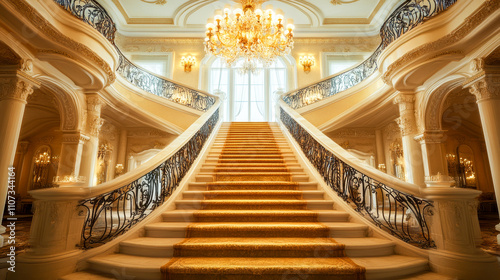 A luxurious staircase with chandelier in a lavish mansion setting. photo