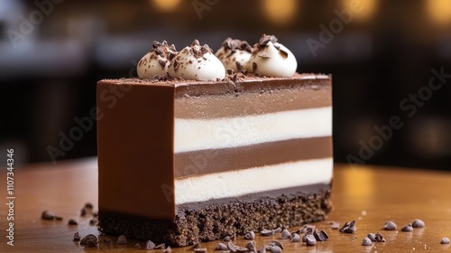 Delicious chocolate layered cake slice with whipped cream and chocolate shavings. photo