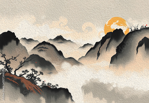 Wallpaper Mural Mountain landscape . Pattern to print for wall decorations. Oil painting . Torontodigital.ca