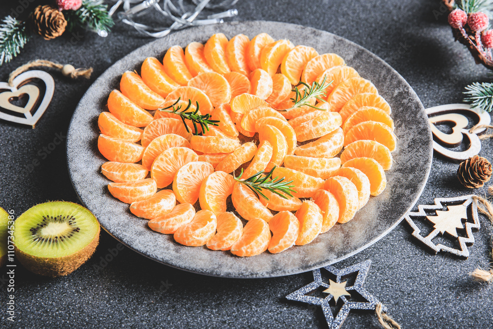 plate of clementine wedges arranged in a circle with christmas decoration