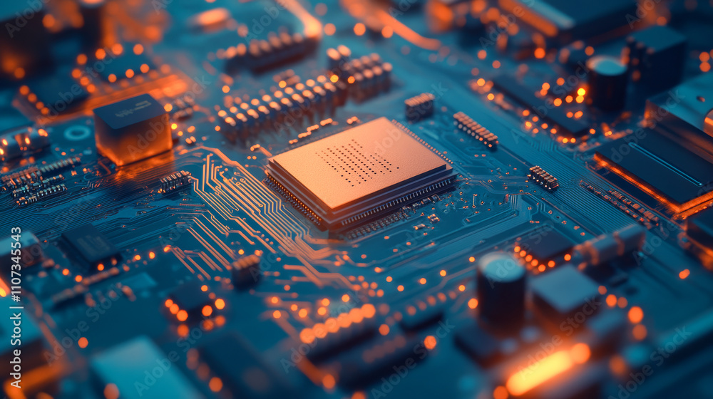 Fototapeta premium Electronic circuit board featuring detailed components and lighting.