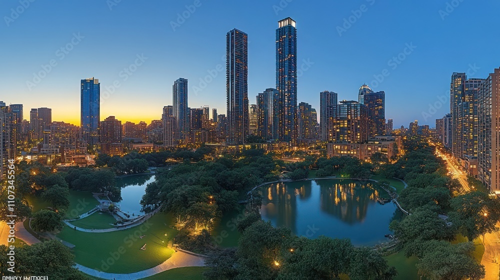 Fototapeta premium City skyline at dawn, reflecting on a park's pond.