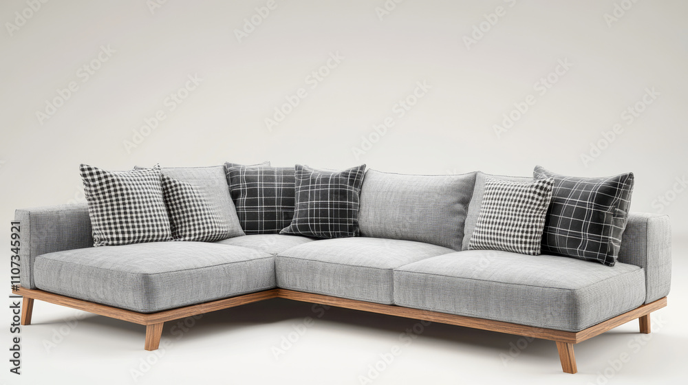 A stylish gray sofa features patterned cushions in elegant lines. A stylish gray sofa features patterned cushions in elegant lines.