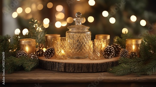 traditional holiday display, luminous glassware focus, twinkling light background, antique gold decorations, seasonal greenery, weathered wood platform, organic pinecone details, enchanted evening photo